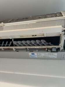 エアコン内部の側面パーツ。湿気により黒カビが繁殖し、衛生的に問題がある状態