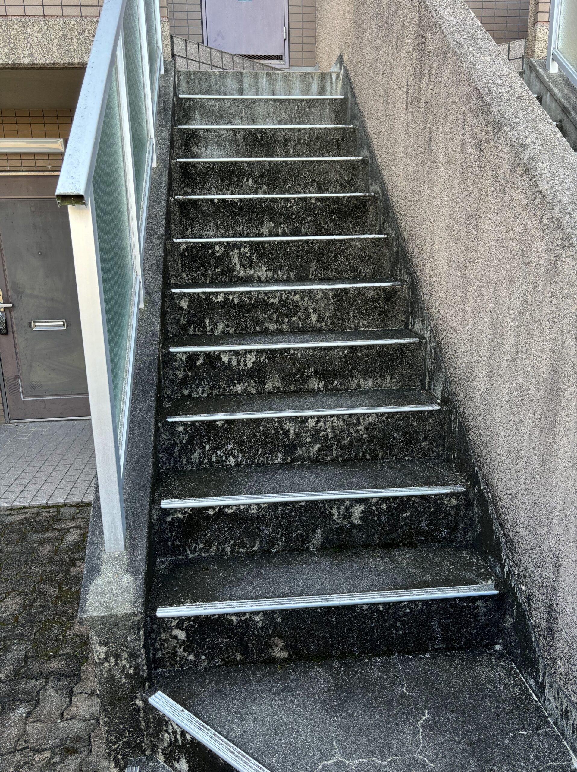 大阪府豊中市のマンション共用階段の清掃前。長年の雨だれや黒カビ、苔が固着して全体が真っ黒に変色し、古びた印象を与えるコンクリート階段の状態