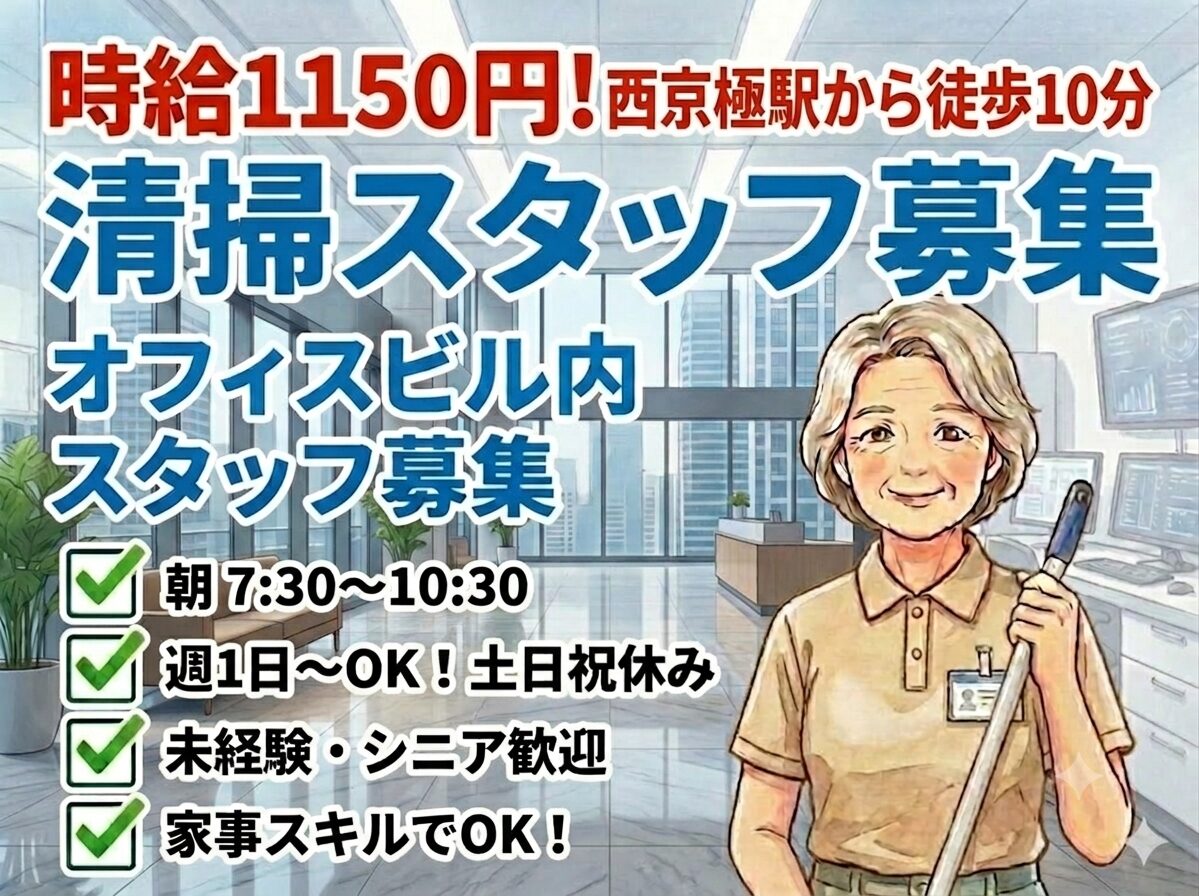 時給1150円・西京極駅徒歩10分のオフィスビル清掃求人｜朝7:30〜10:30・シニア活躍中の女性スタッフイラスト