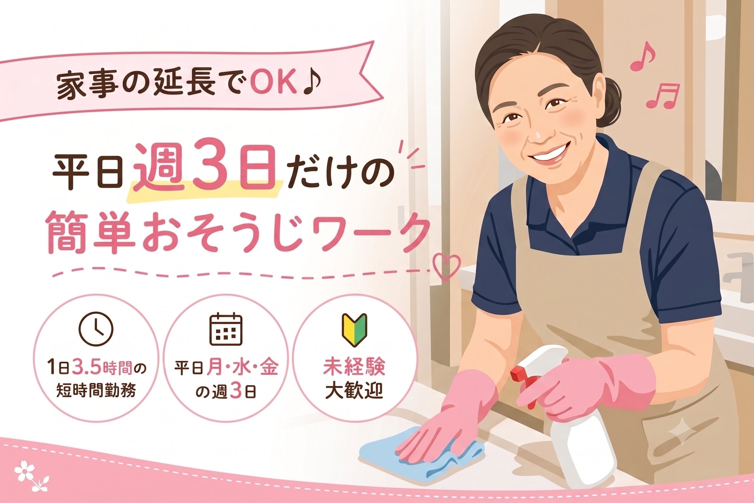 家事の延長でOK♪平日週3日だけの簡単おそうじワーク。エプロン姿で笑顔で清掃をする女性のイラスト。1日3.5時間の短時間勤務、未経験大歓迎。